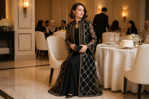 Ensemble Abaya ouverte deux pièces en polyester avec broderie et perles, vêtements islamiques pour mariage, Aïd et <span class=keywords><strong>occasions</strong></span> formelles - Product Image 4