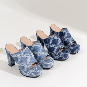 34 New High-heeled Slippers European and American Large Summer Thick Heel Denim <b>Sandals</b> for Women - Product Image 4