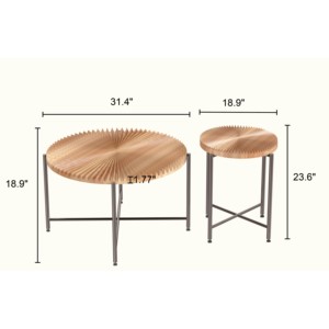Set di tavolini da caffè e tavolini laterali in 2 pezzi con motivo radiale, MDF impermeabile con rivestimento in PVC, design cilindrico anticato, metallo nero - Product Image 6