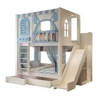 Lit superposé pour filles sur le thème du lapin JS avec toboggan et escalier de rangement, ensemble de lit confortable en bois massif pour chambre et école