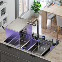Évier de cuisine carré multifonctionnel en acier inoxydable à trois trous, fait à la main, avec robinet intelligent à fente unique et poreux