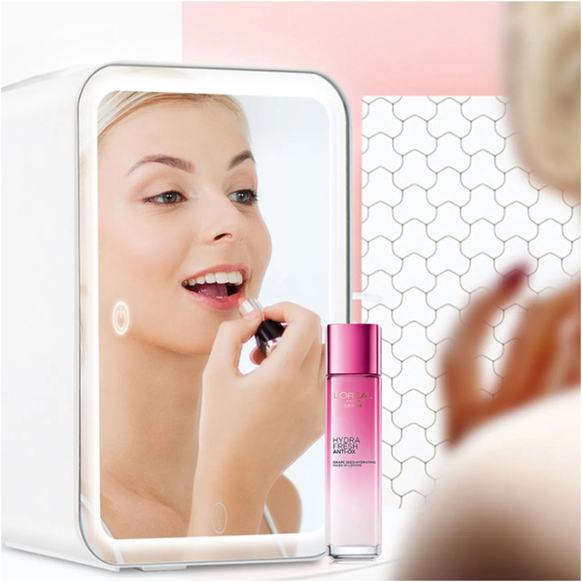 Portable 4L Mini Small Cosmetic Refrigerator Beauty Skin Care Makeup Mirror 12v Fridge Pink With Led Light for Bedroom