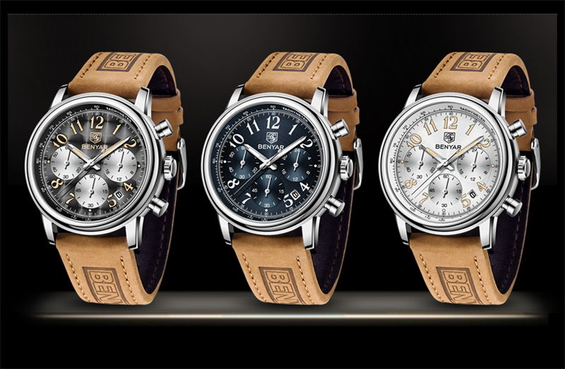 New BENYAR Top Brand Leather Men Quartz Wristwatches Waterproof Chronograph Men Sports Watch for Men Reloj hombre