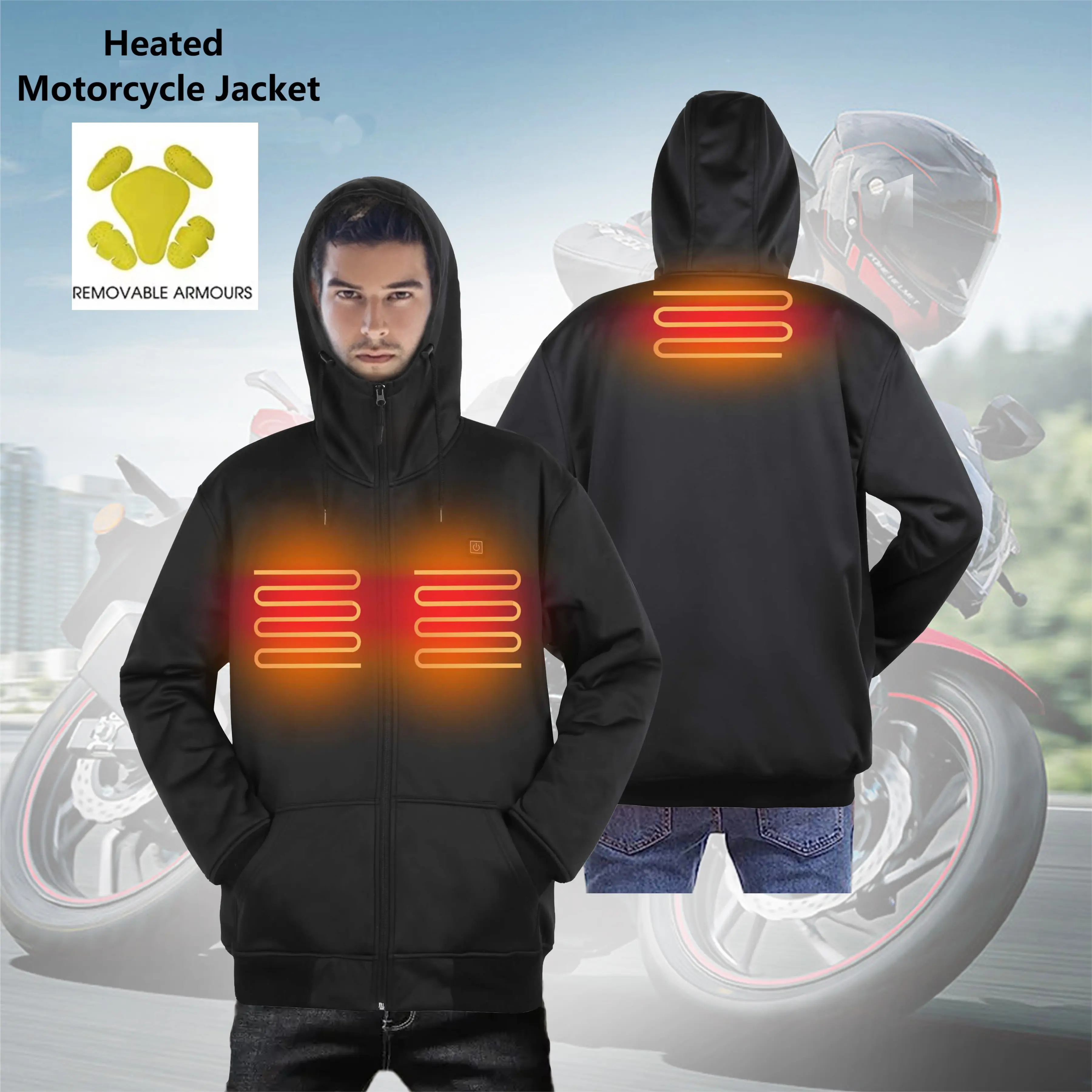 Veste chauffante de moto pour hommes avec 3 zones de chaleur ARAMID Hoodie Winter ODM Supply for Riders