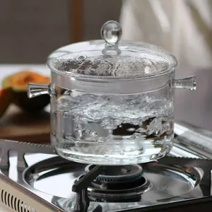 厂家批发高硼硅透明双耳耐热烹饪玻璃汤锅