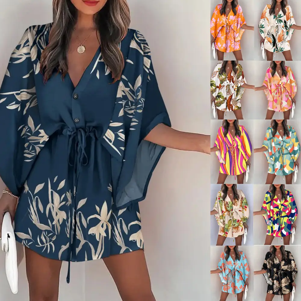 Vestido corto holgado de verano con manga acampanada y estampado Floral, traje de playa para mujer, con cuello en V, 2022