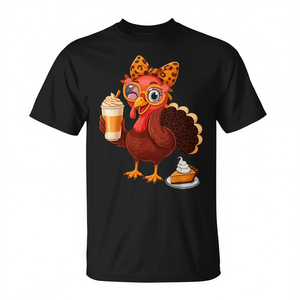 T-shirt con stampa leopardata del caffè e della tacchino del Ringraziamento, design unisex per adulti - Product Image 2