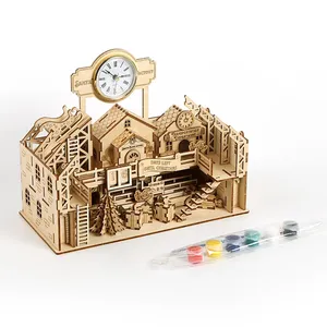Santa's Factory 3d Wooden Puzzle DIY Miniature House With Clock