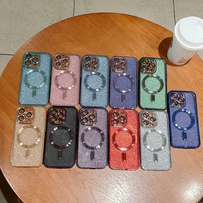 Lens koruyucu toz geçirmez Glitter manyetik Bling kaplama iphone için kılıf 14 pro max 13 12 11 kablosuz şarj koruyucu kapak