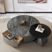 Ensemble Table Basse Minimaliste en Acier Inoxydable et Marbre Rond, Moderne pour Salon, Rangement Maison, Table d'Appoint Luxe en Pierre et Verre
