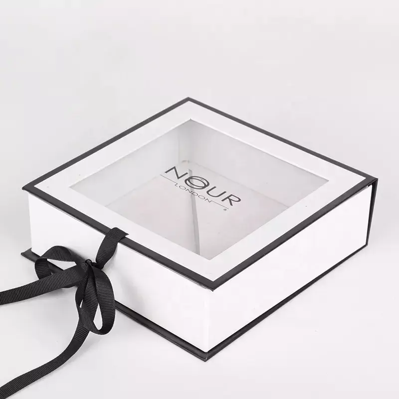 Caja de regalo de papel plegable de embalaje de toalla de bufanda de ropa de cartón blanco de lujo con ventana transparente