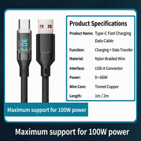 Câble de charge rapide USB A vers Type C 100W avec affichage numérique, cordon de chargeur tressé en nylon pour téléphone portable et ordinateur portable
