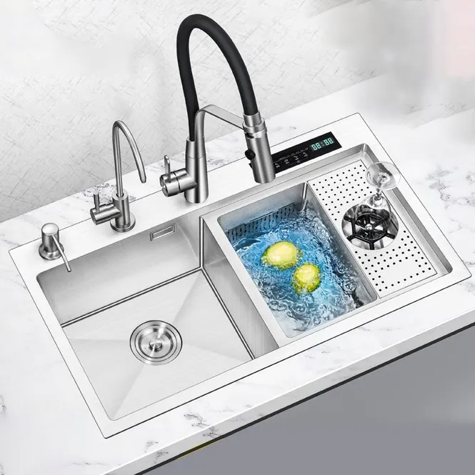Ultrasonic Sink Kitchen Sinks with Hot and Cold Water Purification Faucet Handmade Custom 304 Stainless Steel Single Bowl Modern