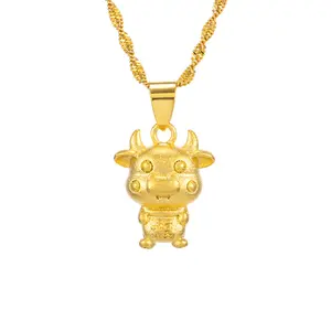 24K Gold Necklace Pendants for Women Classic Chinese Style Twelve Zodiac Bull Pendant Jewelry Charms for Birthday Without Chain