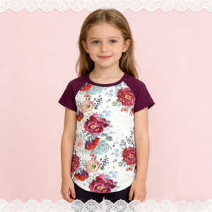 Camisetas de Manga Corta Raglán con Estampados Florales Personalizados al por Mayor para Niñas, Tela de Seda de Leche, Ropa para Bebés y Niños Pequeños - Product Image 3
