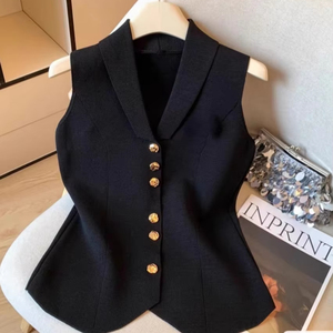 Top Senza Maniche Lavorato a Maglia da Donna Estate 2025 Nuovo Stile Francese Corto <span class=keywords><strong>con</strong></span> Fiocco e <span class=keywords><strong>Bottoni</strong></span> Elegante Scollo a V - Product Image 1