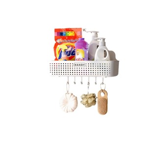 Handy Wall Mounted Storage Basket Rectangle Durable Bathroom Sink <b>Shelf</b> With <b>Hooks</b> For Toiletries And Cosmetics - Product Image 4