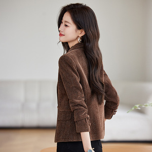 Women's Burgundy Velour Blazer Solid Color Pocket Design Casual Versatile Short Jacket 2024 New Style - Product Image 4