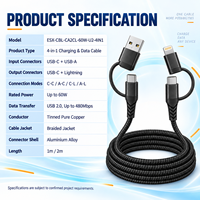 Câble de données USB Type-C 8 broches tressé en nylon 4-en-1 personnalisable 60W à charge rapide pour plusieurs appareils et ordinateurs