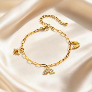 <span class=keywords><strong>Bracelet</strong></span> en acier inoxydable 316L plaqué <span class=keywords><strong>or</strong></span> 18 carats avec <span class=keywords><strong>breloque</strong></span> papillon arc-en-ciel et soleil pour femme, bijoux Y2K à maillons trombone émaillés, étanche, cadeau - Product Image 4