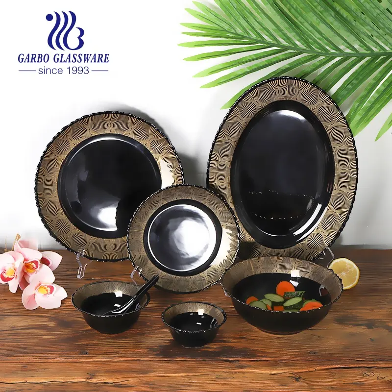 Classical Hot Sale 33 PCS Black Opal Glass Set with Customized Decal Design Opal Dinnerware Dinner Plate Bowl for Table Dinner