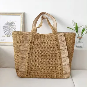 2024 yeni moda omuz saman dokuma yaz plaj çantası kadın el işi pirinç saman kağıt torba büyük kapasiteli halat plaj çantası