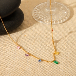 Luxury Titanium Steel <strong>Jewelry</strong> 18K Gold-Plated Stainless Steel Ball Bead Chain Colorful Geometric Shaped <strong>Gem</strong> Pendant Necklace - Product Image 4