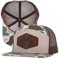 Gorra Trucker de 7 Paneles para Adulto, Estructurada, de Algodón 168, con Parche de Cuero Personalizado con Logotipo, Bordado y Apliques de Camuflaje, Cierre a Presión