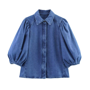Chemisiers en denim à manches bouffantes pour femmes, nouvelle mode automne, chemises vintage à manches courtes, tops chics pour femmes - Product Image 2