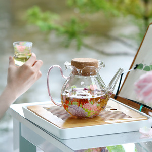 Tetera de vidrio con diseño de hortensias y tapa, resistente al calor, de borosilicato, para preparar té - Product Image 1