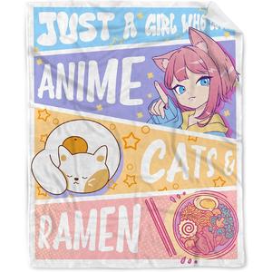 Couverture en flanelle rose Anime Girl Ramen Cat, couverture de sieste légère et respirante pour lit, canapé, impression personnalisée - Product Image 2