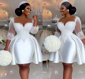 Nuevos Vestidos de Novia Cortos 2026 con Cuello Transparente, Mangas Medias, Apliques de Encaje, Perlas y Satén - Vestidos de Novia - Product Image 3