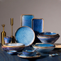 Offre Spéciale rond bleu et blanc porcelaine western 4 pièces vaisselle ensembles vaisselle en gros stock ensemble de vaisselle