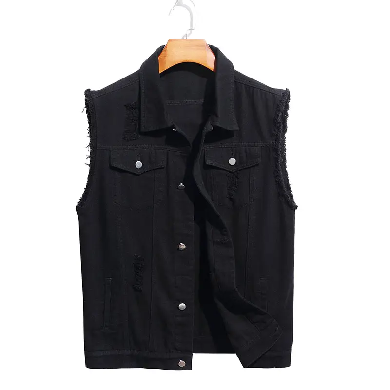 Mens Designer Vest with Washed and Ripped Process Raw Cuff Edge Black Denim Sleeveless Jacket Jean Waistcoat