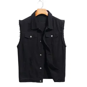 Gilet di design da uomo con processo lavato e strappato bordo polsino grezzo giacca senza maniche in Denim nero gilet Jean