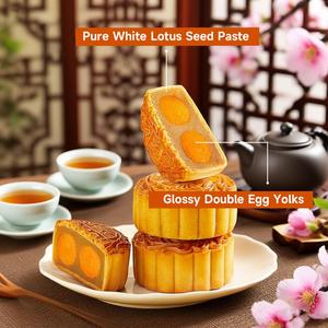 Paquete de 4 Pasteles de Luna LIKOFU 100% de Pasta de Loto Blanco Puro con Doble Yema, Delicias Tradicionales Cantonesas para el Festival de Medio Otoño, Venta al por Mayor - Product Image 3