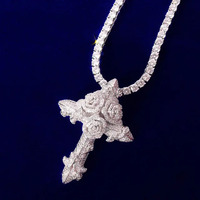 Collier Croix Rose Vintage pour Femme en Cuivre Micro-Pavé Zircon, Bijou Religieux de Luxe Scintillant avec Breloque en Zircon Cubique, Cadeau