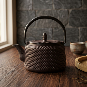 Tetera de metal tradicional china con tapa y asa, diseño texturizado en marrón oscuro - Product Image 5