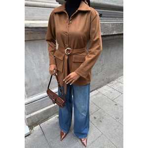 Chaqueta Camisera Midi con Cinturón Color Tabaco, Blazer Tejido de Manga Larga, Estilo Otoñal para Mujer, Talla L - Product Image 5