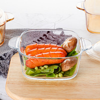Bol à soupe en verre résistant aux hautes températures, adapté au micro-ondes, avec couvercle et doubles poignées, couleur ambre, bol à nouilles, à riz, à salade, 1000 ml