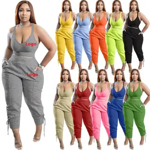 Custom outfit with logo plus size ladies 2 piece set with long pants sexy tank top and pants custom logo two piece pants set