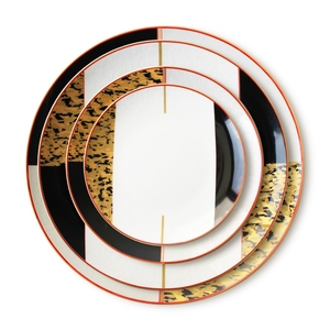 Offre Spéciale de vaisselle en porcelaine osseuse de style moderne, assiette à dîner en porcelaine motif marbre or noir, emballage en vrac en grès pour la salle à manger - Product Image 1
