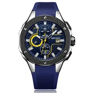 MEGIR 2053 jam tangan kuarsa untuk pria, arloji olahraga mewah merek terbaik tali silikon dengan fitur Chronograph untuk pria