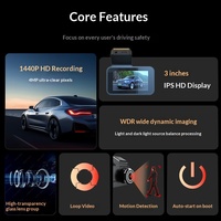Caméra de rétroviseur HD 1440P à double objectif avec enregistrement en boucle, surveillance de stationnement, écran 3 pouces avant et arrière, connexion Wi-Fi avec application mobile