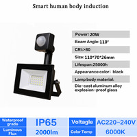 Projecteur LED à induction infrarouge avec capteur PIR, réflecteur, 20W, 2000LM, 220-240V, CE ERP IP44, pour éclairage extérieur commercial