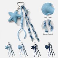 Porte-clés en alliage de zinc fait main avec perles, strass, denim, étoile et cœur, breloque pour sac, cadeau pour femme