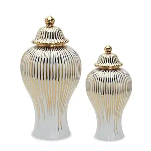 Commercio all'ingrosso bianco e oro a strisce per la casa decorativo grande alto pavimento in ceramica vaso di zenzero con coperchio per il fiore