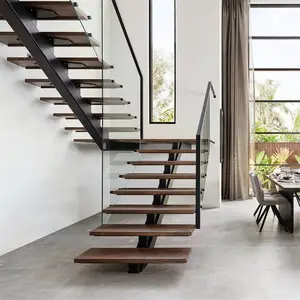 Customized Wooden Ladders Mono Stringer Stairs Glass Railing Staircase Used For Villa House