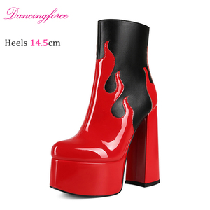 Stivaletti con Plateau Patchwork da 14,5 cm con Motivo Fiamma Sexy, Tacco Grosso, Punta Rotonda, Taglie Forti, con Cerniera, per Primavera Autunno - Product Image 1
