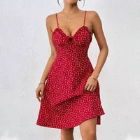 Robe mini à pois rouges pour femmes, coupe ajustée, bretelles spaghetti, dos nu, tenue de soirée, ODM